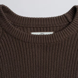 Close-up of a brown knitted sweater collar on a plain background.