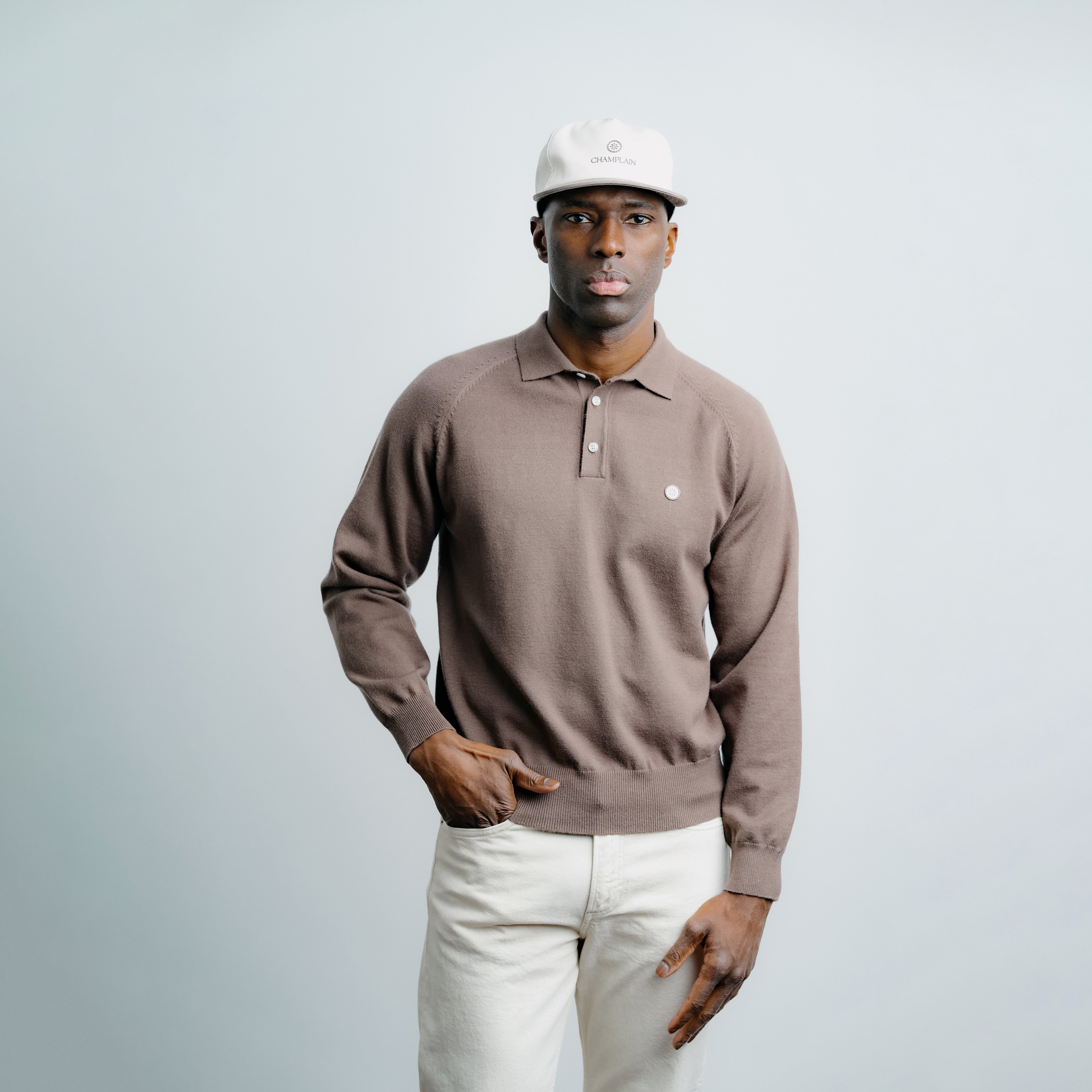 Long Sleeve Knit Polo - Brown
