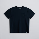 A navy-colored crew neck t-shirt with a button on the chest pocket and ribbed collar.