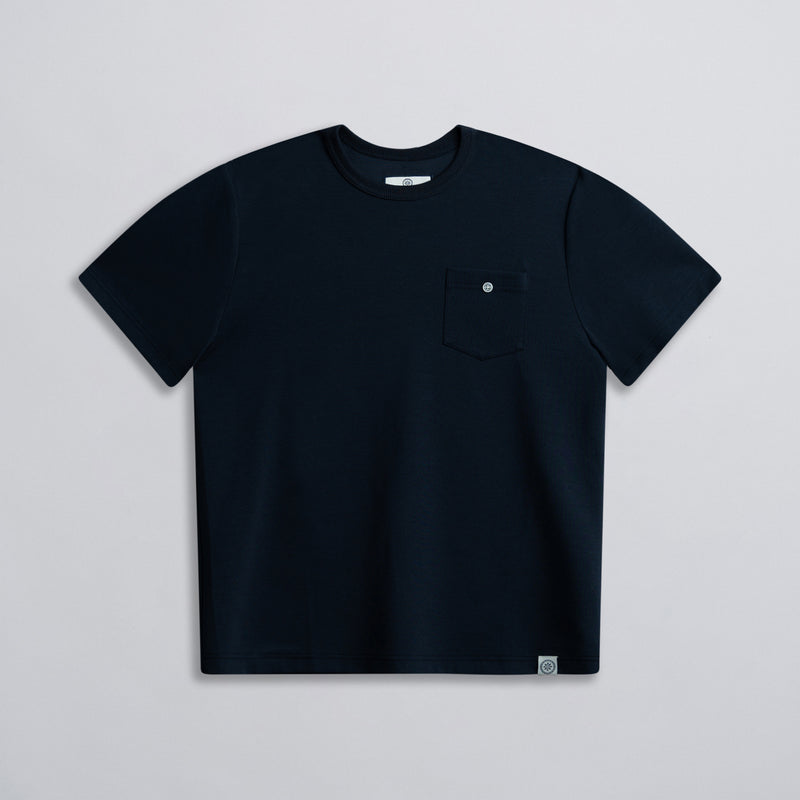 A navy-colored crew neck t-shirt with a button on the chest pocket and ribbed collar.