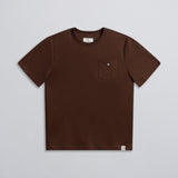 A brown crew neck t-shirt with a chest pocket and button detail on the collar.