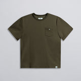 An olive green crew neck t-shirt with a pocket on the chest and a small brand tag visible on the neck.