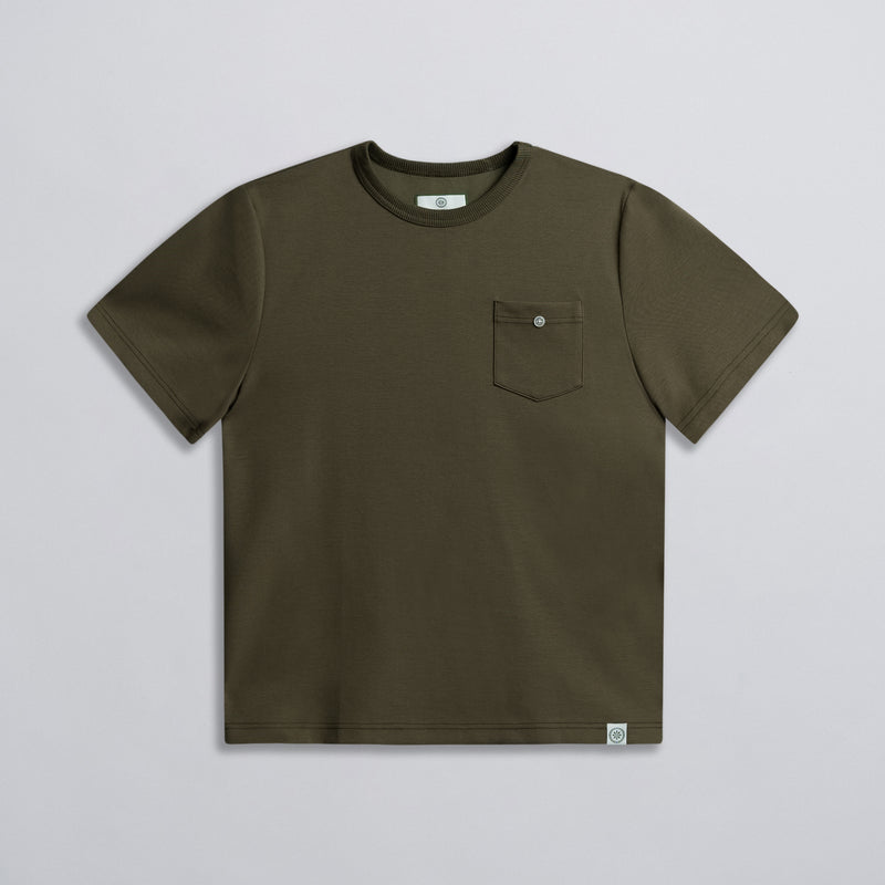 An olive green crew neck t-shirt with a pocket on the chest and a small brand tag visible on the neck.