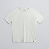 A plain white raglan tee with ribbed neck, displayed against a neutral background.