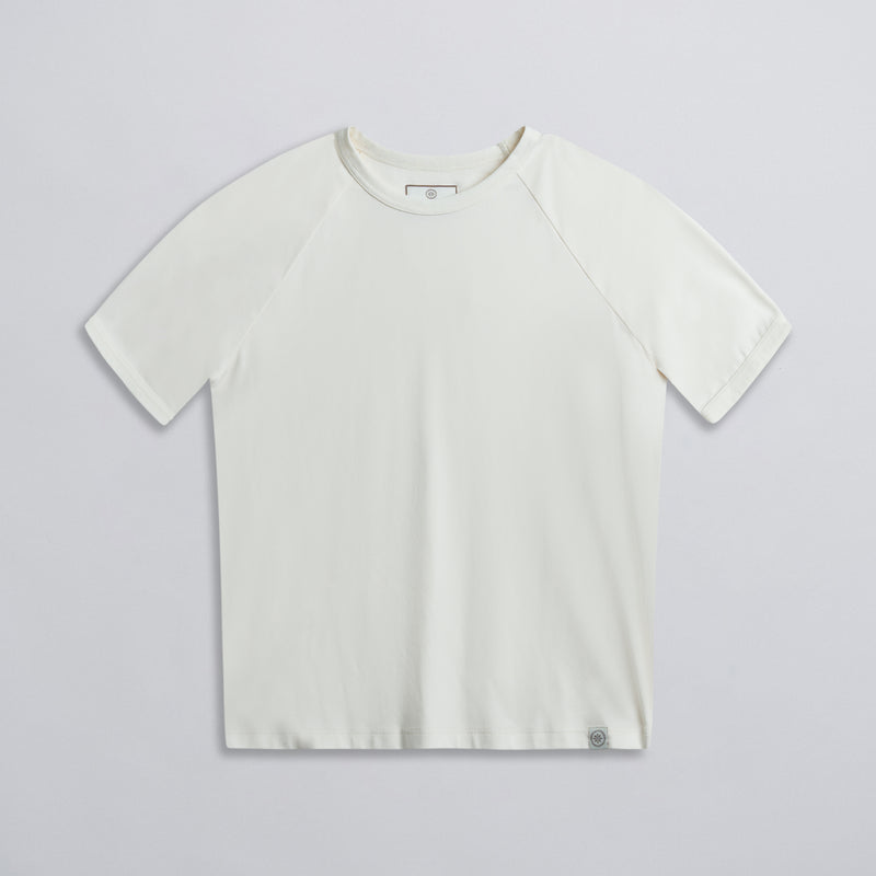 A plain white raglan tee with ribbed neck, displayed against a neutral background.