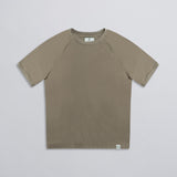 A olive green basic raglan tee with short sleeves, displayed against a neutral background.
