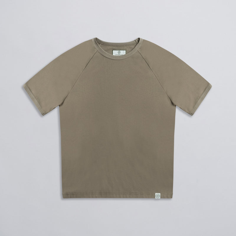 A olive green basic raglan tee with short sleeves, displayed against a neutral background.