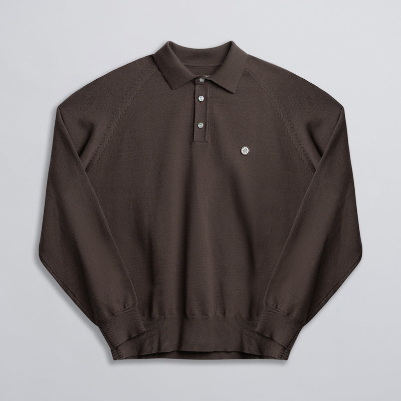 Long Sleeve Knit Polo - Brown