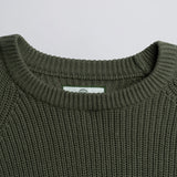 Close-up of a green knitted sweater collar with a plain background.