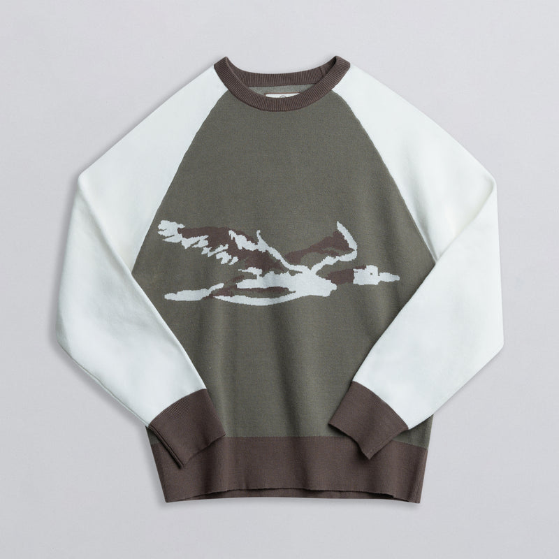 A long-sleeved sweater with a graphic of a duck in white and brown on the front, with a mix of white and green colors across the upper part.