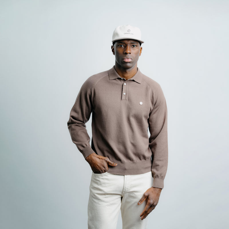 Long Sleeve Knit Polo - Brown