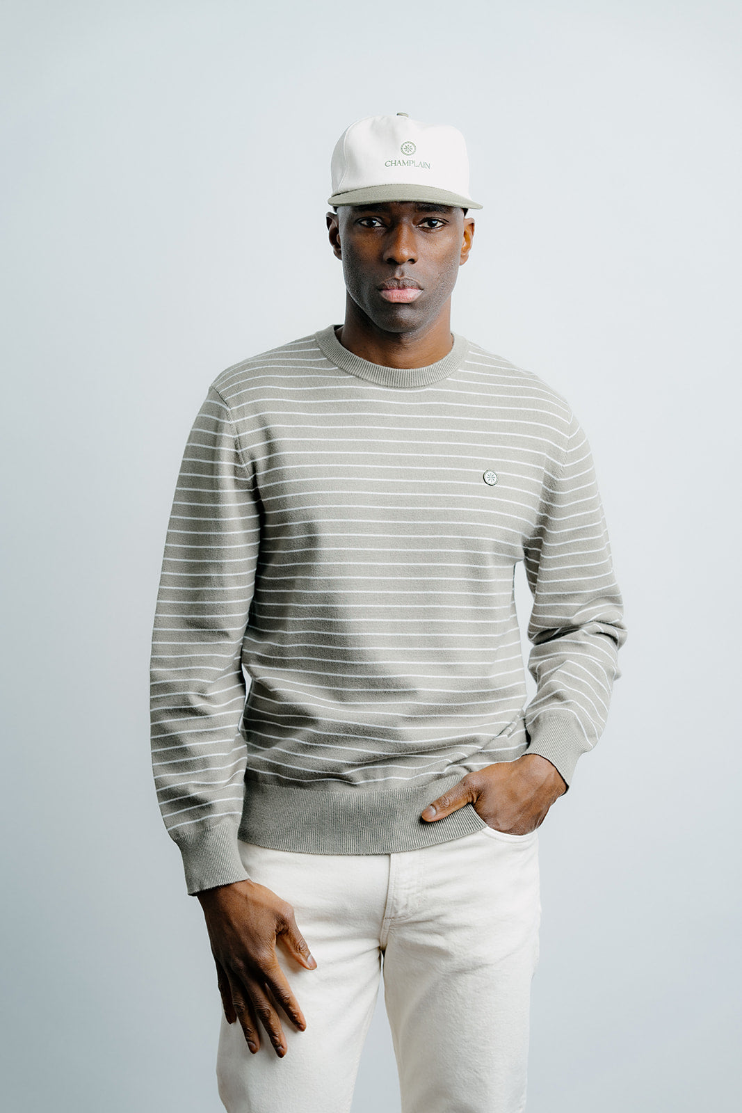 Striped Knit Sweater - Olive w/ Creme Stripe