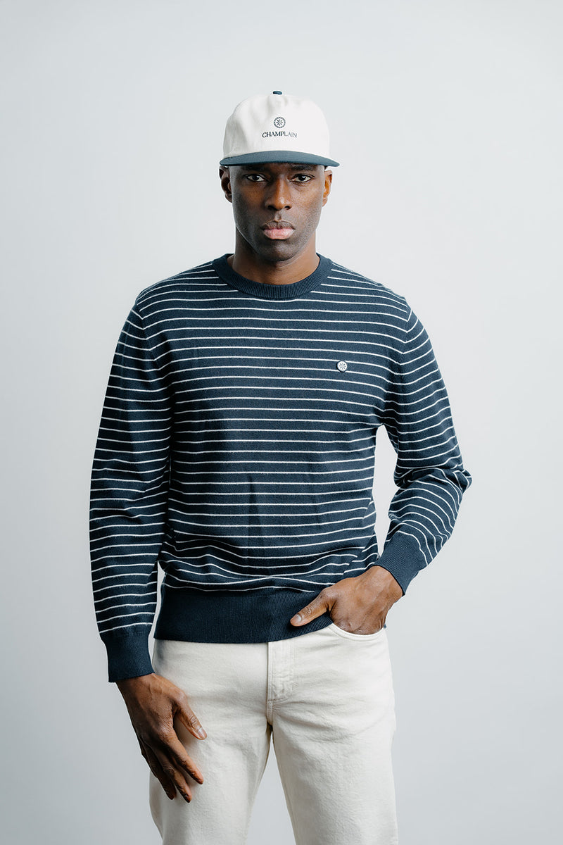 Striped Knit Sweater - Navy w/ Creme Stripe