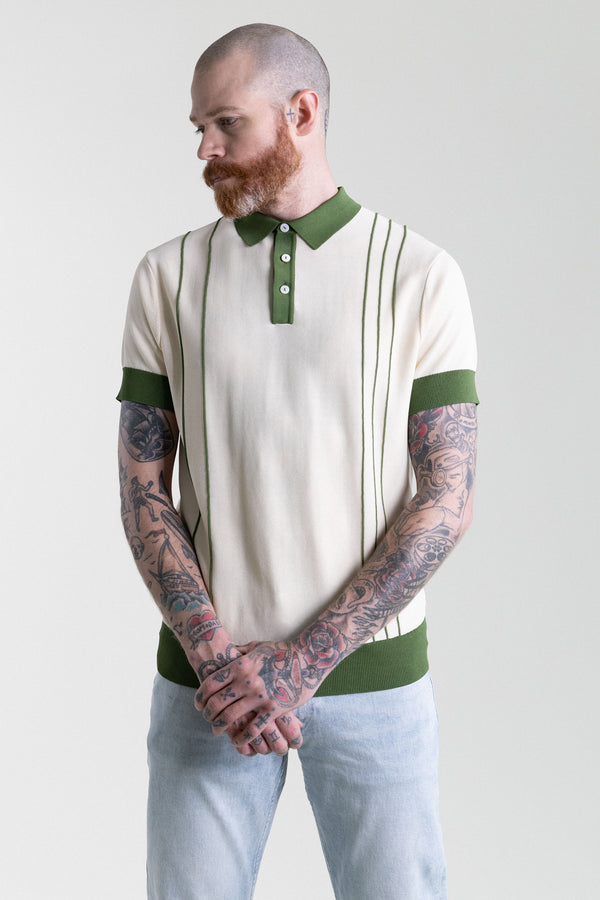 Vintage Knit Polo Shirt - Creme & Green