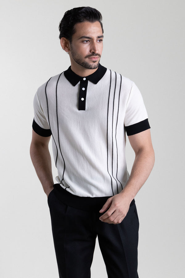 Vintage Knit Polo Shirt - White & Black