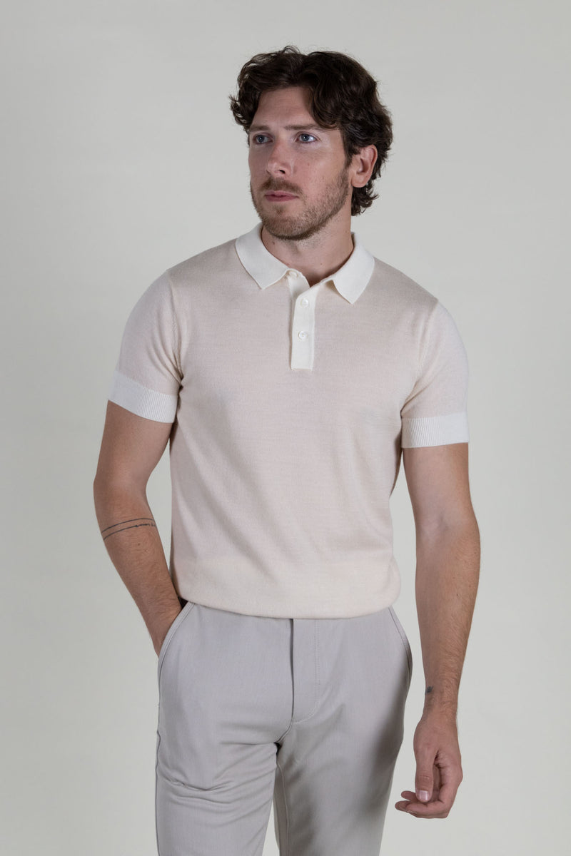Two Tone Knit Polo Shirt - Creme & White
